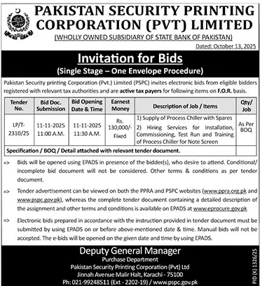 Pakistan Security Printing Corporation Karachi Tender Notice